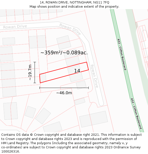 14, ROWAN DRIVE, NOTTINGHAM, NG11 7FQ: Plot and title map