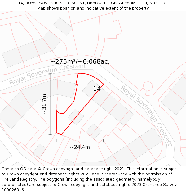14, ROYAL SOVEREIGN CRESCENT, BRADWELL, GREAT YARMOUTH, NR31 9GE: Plot and title map