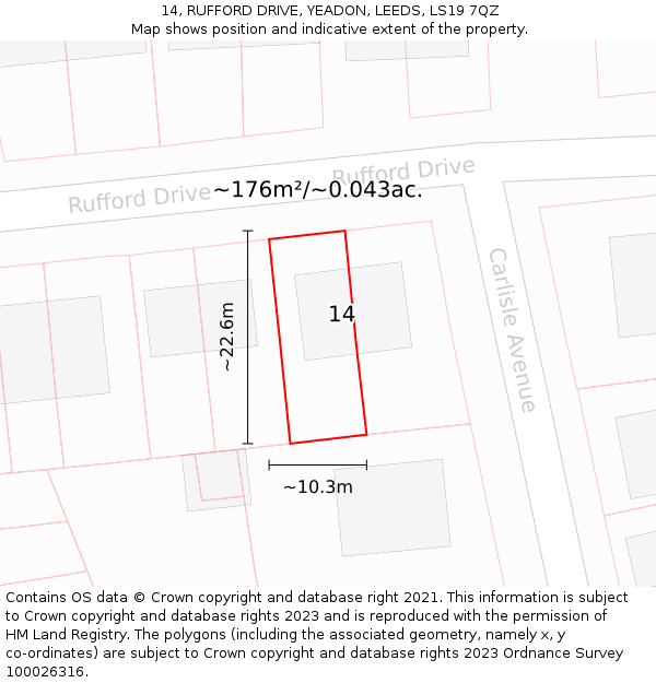 14, RUFFORD DRIVE, YEADON, LEEDS, LS19 7QZ: Plot and title map