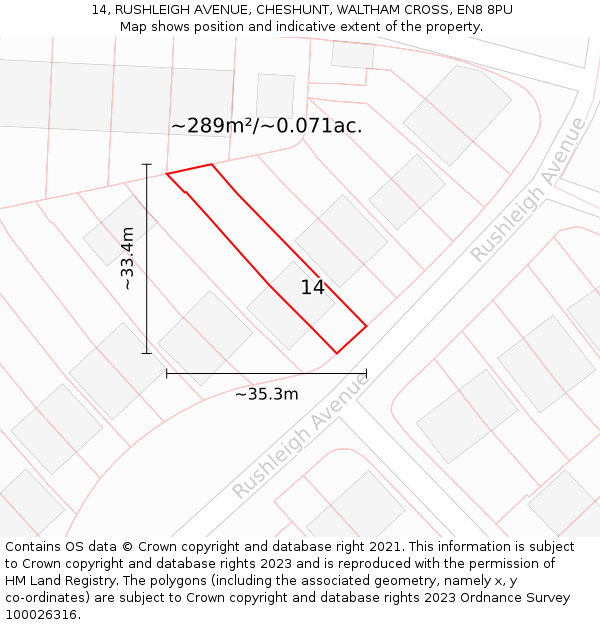 14, RUSHLEIGH AVENUE, CHESHUNT, WALTHAM CROSS, EN8 8PU: Plot and title map