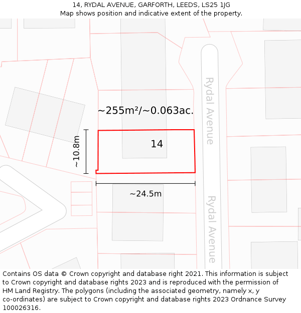 14, RYDAL AVENUE, GARFORTH, LEEDS, LS25 1JG: Plot and title map