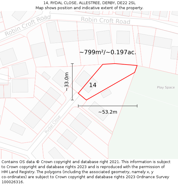 14, RYDAL CLOSE, ALLESTREE, DERBY, DE22 2SL: Plot and title map