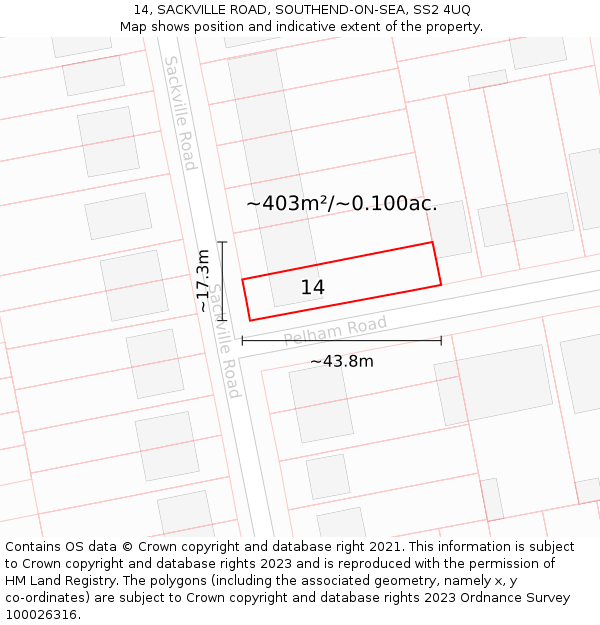 14, SACKVILLE ROAD, SOUTHEND-ON-SEA, SS2 4UQ: Plot and title map