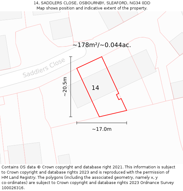 14, SADDLERS CLOSE, OSBOURNBY, SLEAFORD, NG34 0DD: Plot and title map