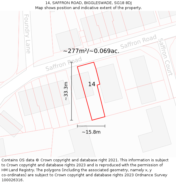 14, SAFFRON ROAD, BIGGLESWADE, SG18 8DJ: Plot and title map