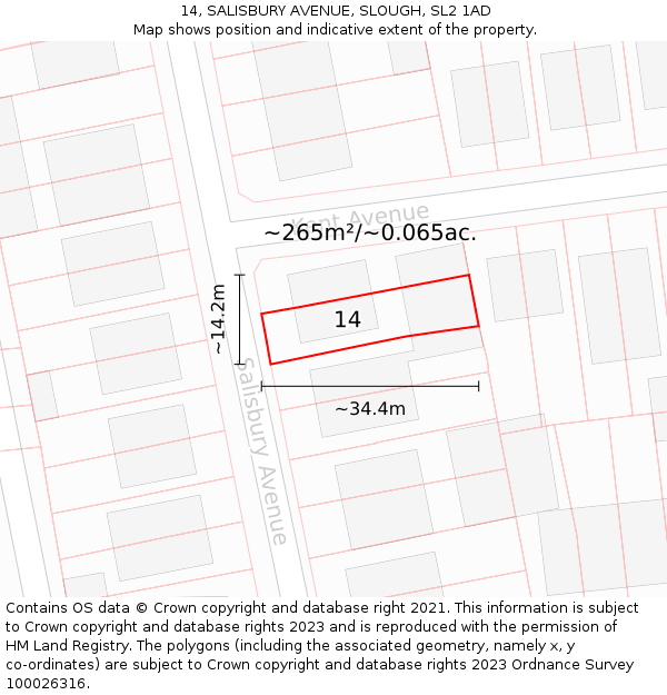 14, SALISBURY AVENUE, SLOUGH, SL2 1AD: Plot and title map