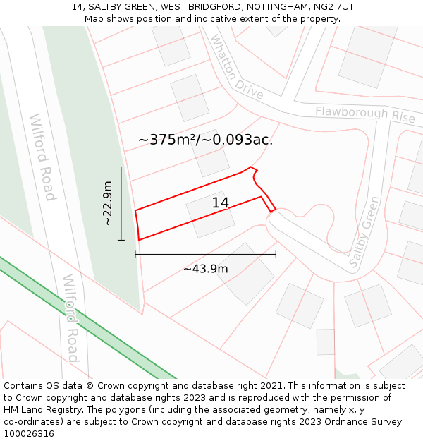 14, SALTBY GREEN, WEST BRIDGFORD, NOTTINGHAM, NG2 7UT: Plot and title map