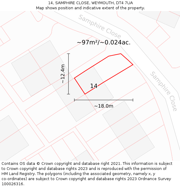 14, SAMPHIRE CLOSE, WEYMOUTH, DT4 7UA: Plot and title map