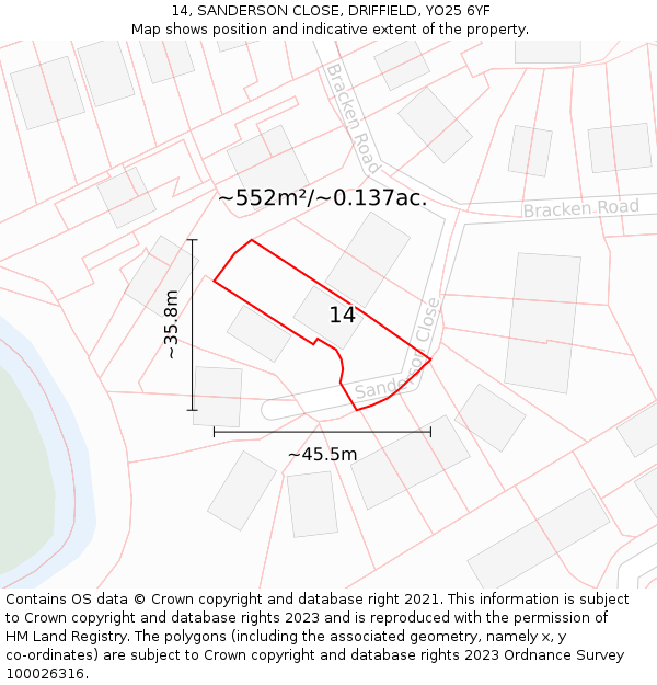 14, SANDERSON CLOSE, DRIFFIELD, YO25 6YF: Plot and title map