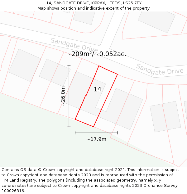 14, SANDGATE DRIVE, KIPPAX, LEEDS, LS25 7EY: Plot and title map