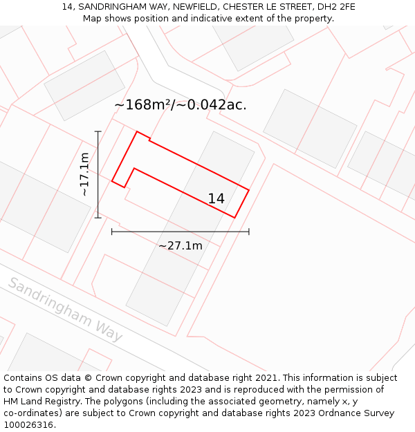 14, SANDRINGHAM WAY, NEWFIELD, CHESTER LE STREET, DH2 2FE: Plot and title map