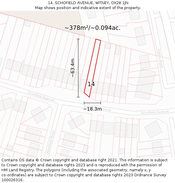 14, SCHOFIELD AVENUE, WITNEY, OX28 1JN: Plot and title map