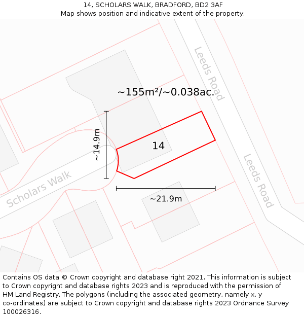 14, SCHOLARS WALK, BRADFORD, BD2 3AF: Plot and title map