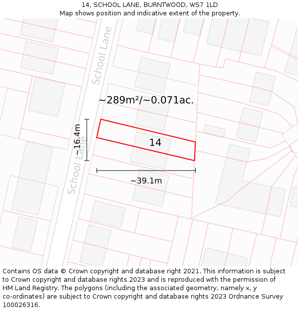 14, SCHOOL LANE, BURNTWOOD, WS7 1LD: Plot and title map