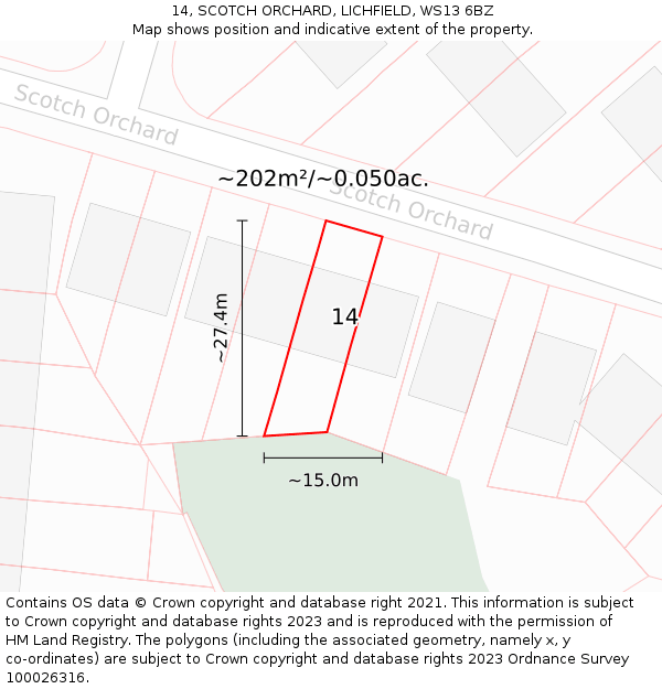 14, SCOTCH ORCHARD, LICHFIELD, WS13 6BZ: Plot and title map