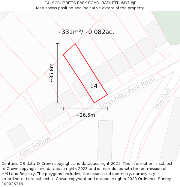 14, SCRUBBITTS PARK ROAD, RADLETT, WD7 8JP: Plot and title map