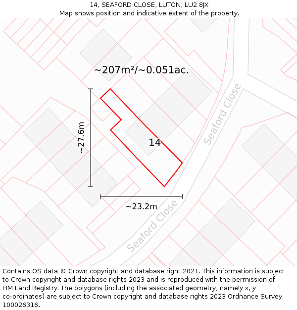 14, SEAFORD CLOSE, LUTON, LU2 8JX: Plot and title map