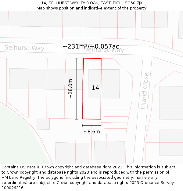 14, SELHURST WAY, FAIR OAK, EASTLEIGH, SO50 7JX: Plot and title map