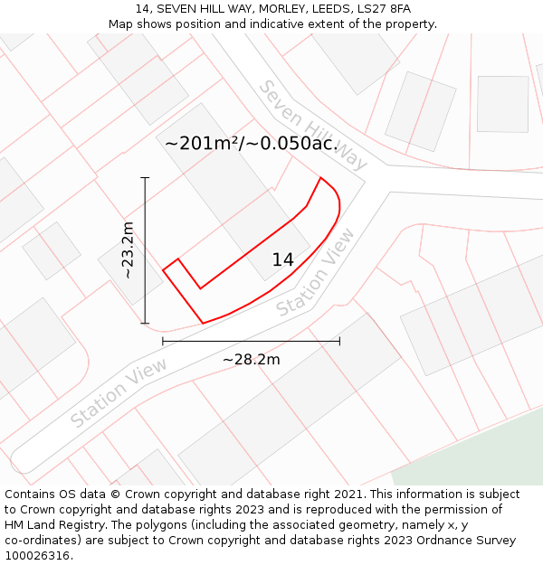 14, SEVEN HILL WAY, MORLEY, LEEDS, LS27 8FA: Plot and title map