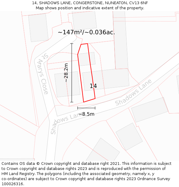 14, SHADOWS LANE, CONGERSTONE, NUNEATON, CV13 6NF: Plot and title map