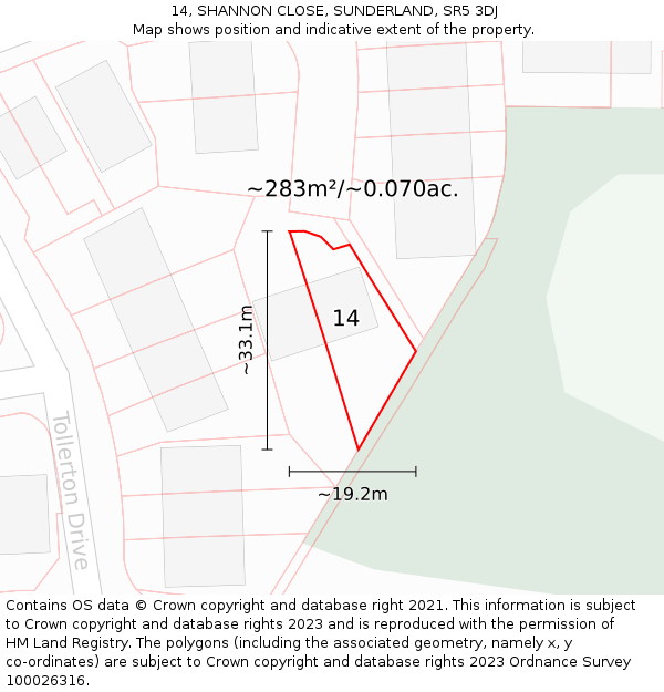 14, SHANNON CLOSE, SUNDERLAND, SR5 3DJ: Plot and title map