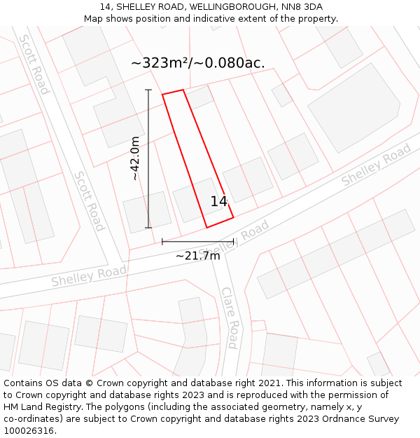 14, SHELLEY ROAD, WELLINGBOROUGH, NN8 3DA: Plot and title map