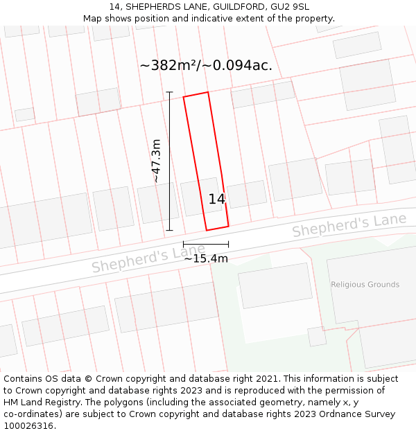 14, SHEPHERDS LANE, GUILDFORD, GU2 9SL: Plot and title map