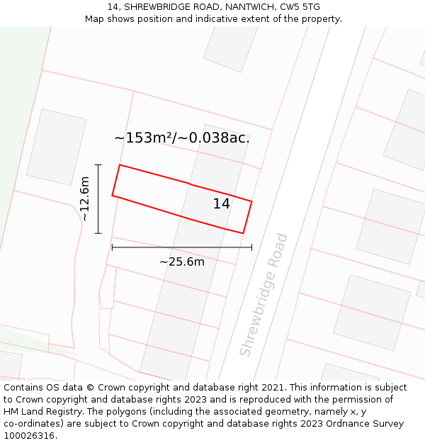 14, SHREWBRIDGE ROAD, NANTWICH, CW5 5TG: Plot and title map