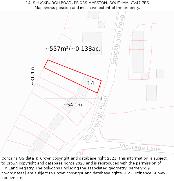 14, SHUCKBURGH ROAD, PRIORS MARSTON, SOUTHAM, CV47 7RS: Plot and title map