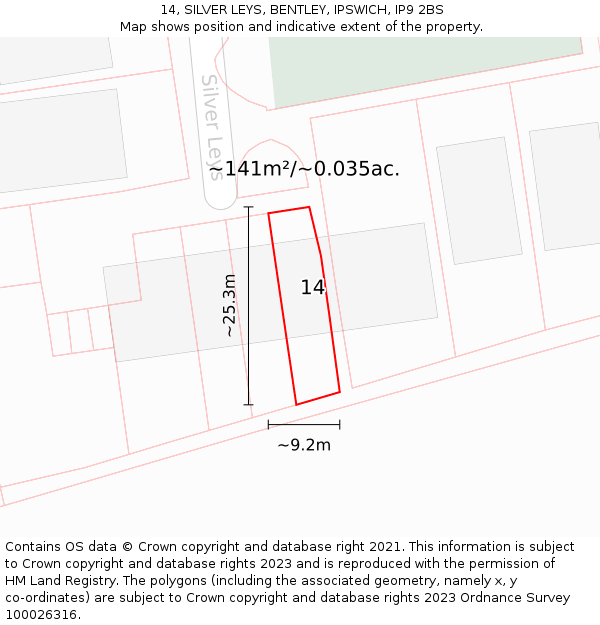 14, SILVER LEYS, BENTLEY, IPSWICH, IP9 2BS: Plot and title map