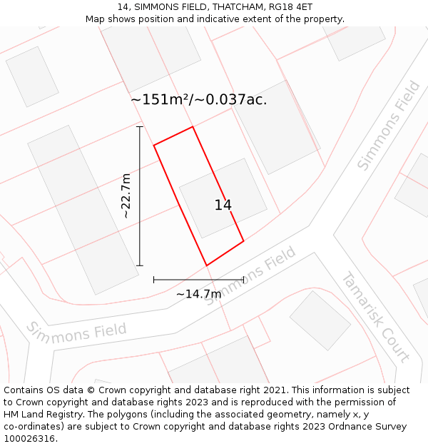 14, SIMMONS FIELD, THATCHAM, RG18 4ET: Plot and title map