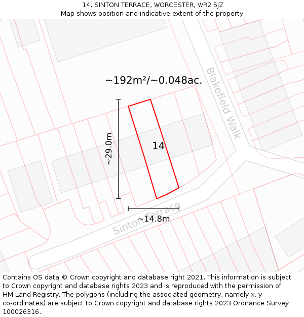 14, SINTON TERRACE, WORCESTER, WR2 5JZ: Plot and title map