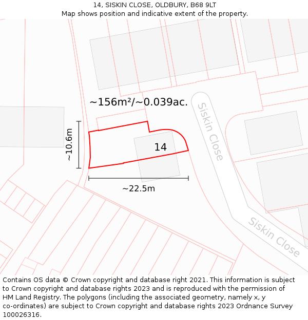 14, SISKIN CLOSE, OLDBURY, B68 9LT: Plot and title map