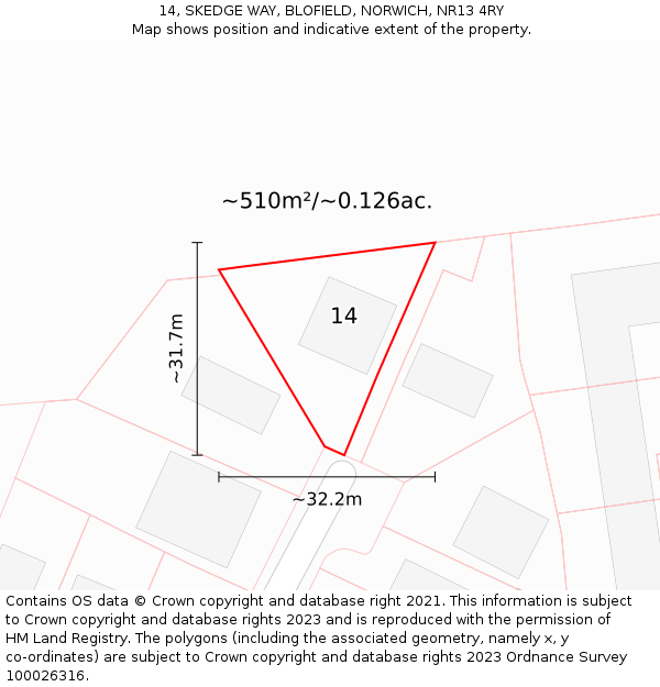 14, SKEDGE WAY, BLOFIELD, NORWICH, NR13 4RY: Plot and title map