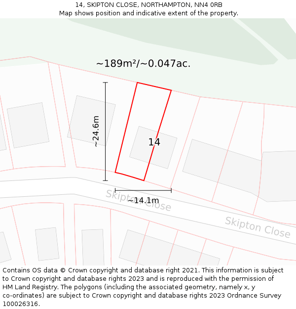 14, SKIPTON CLOSE, NORTHAMPTON, NN4 0RB: Plot and title map