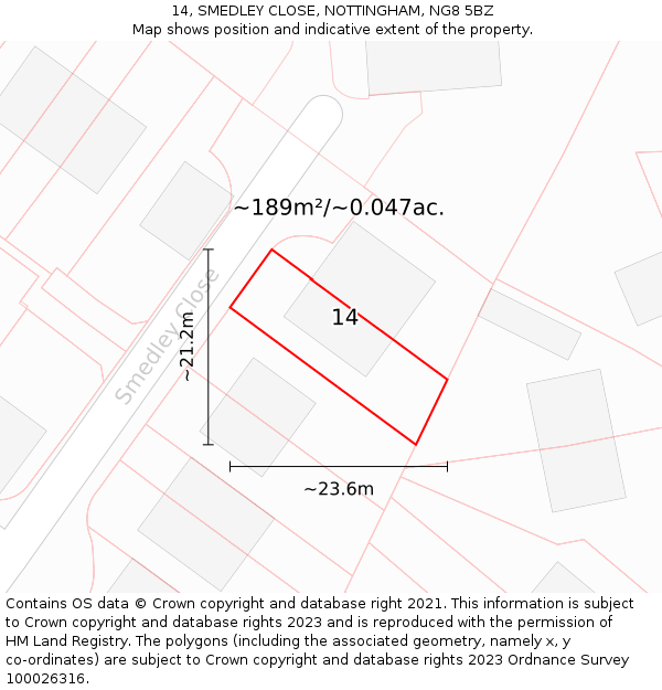 14, SMEDLEY CLOSE, NOTTINGHAM, NG8 5BZ: Plot and title map