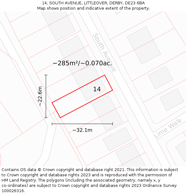 14, SOUTH AVENUE, LITTLEOVER, DERBY, DE23 6BA: Plot and title map