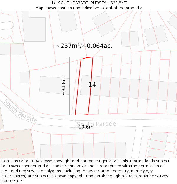 14, SOUTH PARADE, PUDSEY, LS28 8NZ: Plot and title map