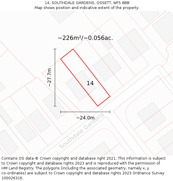 14, SOUTHDALE GARDENS, OSSETT, WF5 8BB: Plot and title map