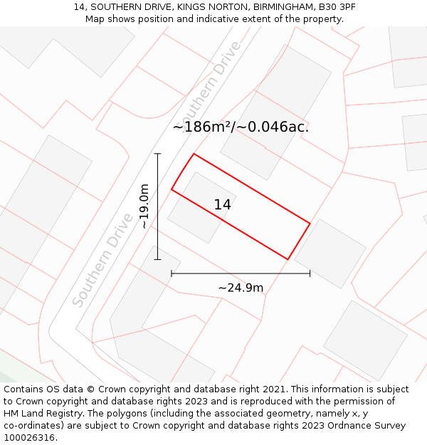 14, SOUTHERN DRIVE, KINGS NORTON, BIRMINGHAM, B30 3PF: Plot and title map