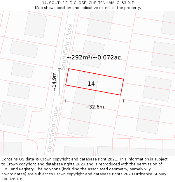 14, SOUTHFIELD CLOSE, CHELTENHAM, GL53 9LF: Plot and title map