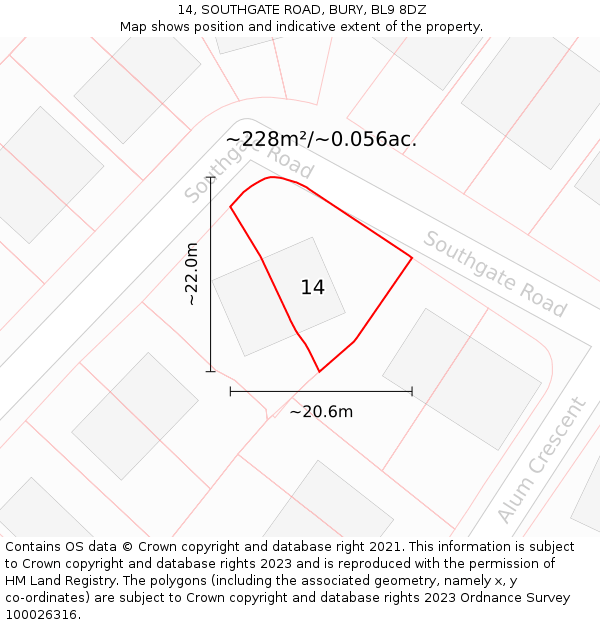 14, SOUTHGATE ROAD, BURY, BL9 8DZ: Plot and title map