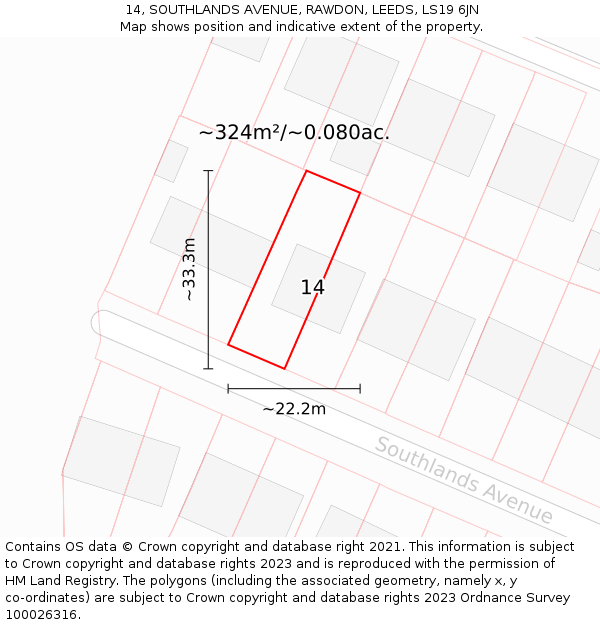 14, SOUTHLANDS AVENUE, RAWDON, LEEDS, LS19 6JN: Plot and title map