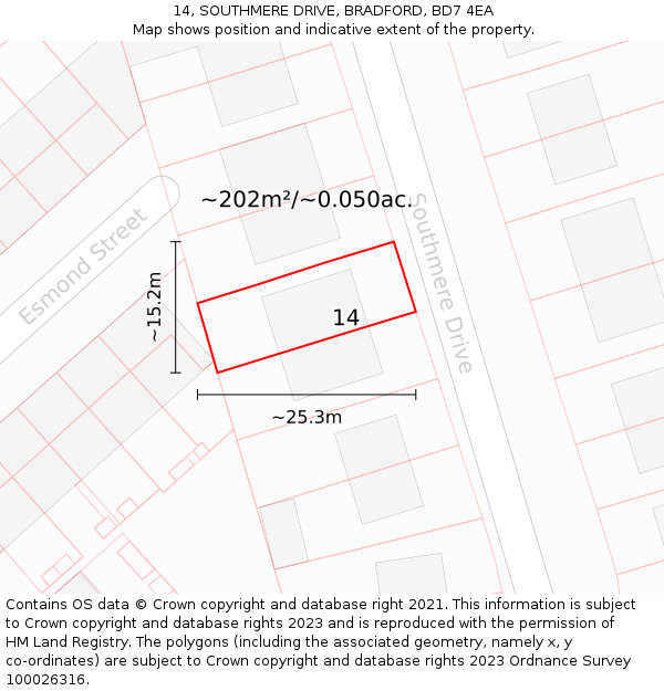 14, SOUTHMERE DRIVE, BRADFORD, BD7 4EA: Plot and title map