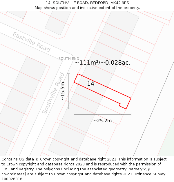 14, SOUTHVILLE ROAD, BEDFORD, MK42 9PS: Plot and title map