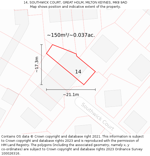 14, SOUTHWICK COURT, GREAT HOLM, MILTON KEYNES, MK8 9AD: Plot and title map