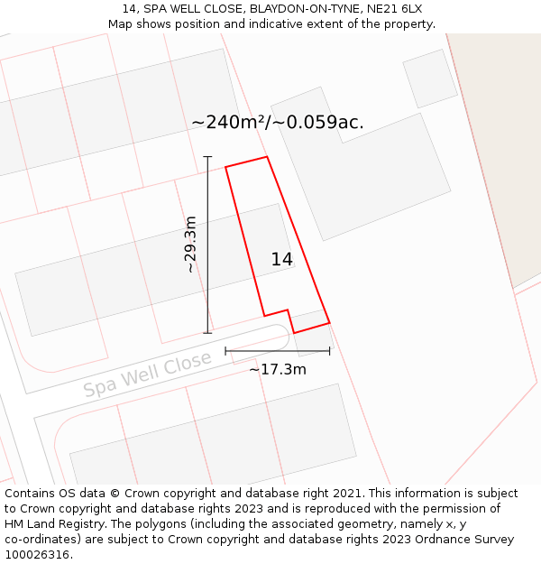 14, SPA WELL CLOSE, BLAYDON-ON-TYNE, NE21 6LX: Plot and title map