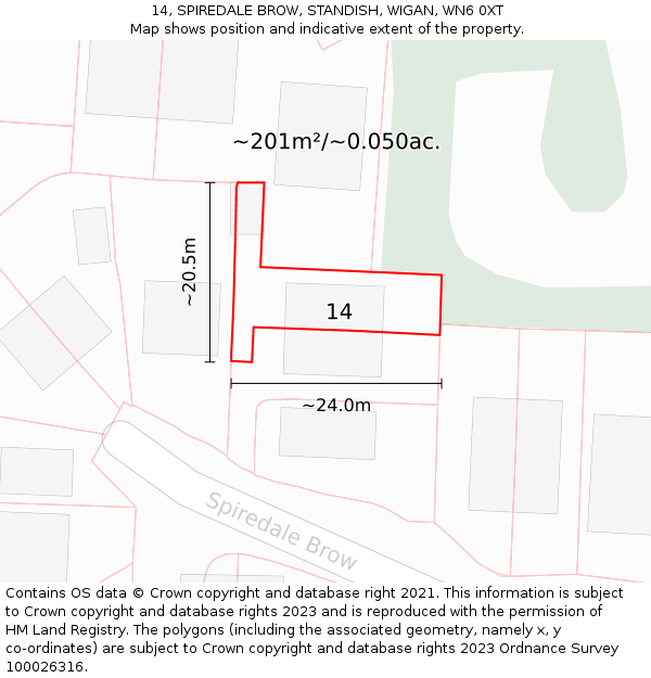 14, SPIREDALE BROW, STANDISH, WIGAN, WN6 0XT: Plot and title map