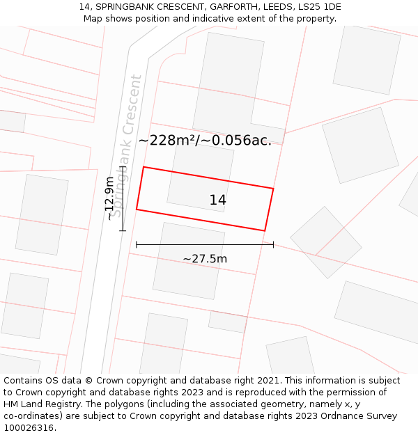 14, SPRINGBANK CRESCENT, GARFORTH, LEEDS, LS25 1DE: Plot and title map