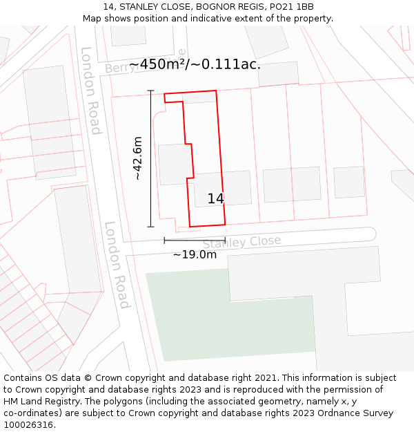 14, STANLEY CLOSE, BOGNOR REGIS, PO21 1BB: Plot and title map